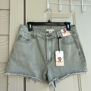 NEW Sincerely Jules Distressed High Rise Denim Shorts Green 11 / 29 Trendy